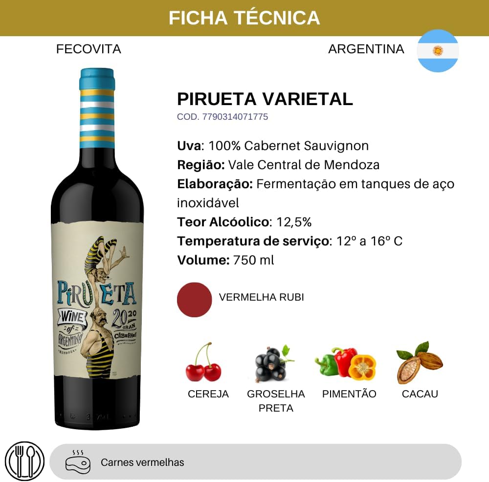 Vinho Fino Tinto Argentino Pirueta Varietal Cabernet Sauvignon 750ml - Imagem 4